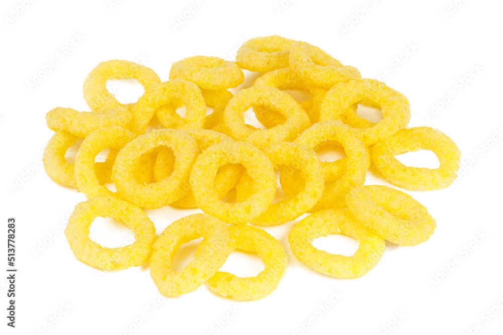 Spicy round corn snacks for beer on a white background. Spicy round corn snacks for beer on a white background.