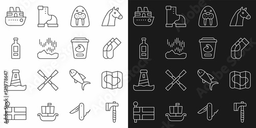 Set line Wooden axe, Map of Iceland, Socks, Walrus animal, Northern lights, Bottle vodka, Cruise ship and Yogurt container icon. Vector