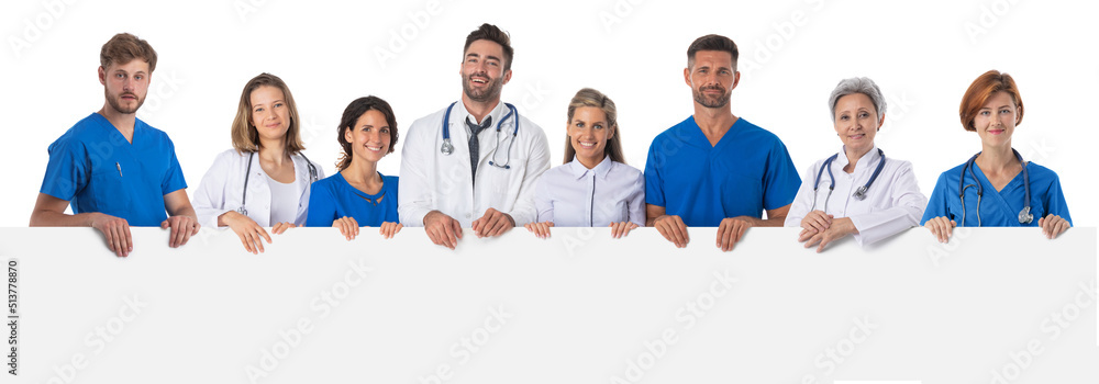Fototapeta premium Group of doctors presenting empty banner