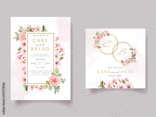 Pink rose and cherry blossom wedding invitation card template