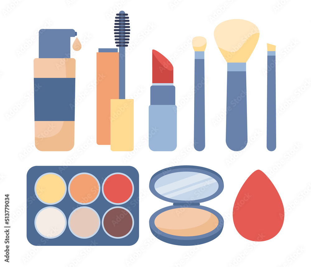Cosmetic and makeup icon collection. Cream tube, lipstick, mascara, eye shadows, brush, foundation, powder, sponge. Vector flat illustration
Cosmetic and makeup icon collection. Cream tube, lipstick, mascara, eye shadows, brush, foundation, powder, sponge. Vector flat illustration