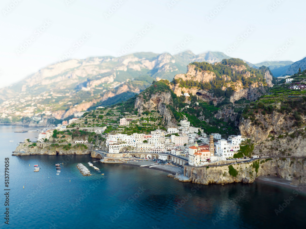 View from above, stunning aerial view of the village of Atrani. Atrani is a city and comune on the Amalfi Coast in the province of Salerno, Italy. Tilt-shift effect applied.
