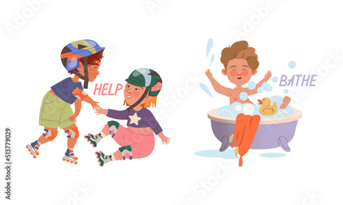 Funny Boy Bathing in Bathtub and Helping Giving Hand to Fallen Girl Demonstrating Verb Vector Set