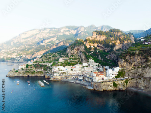 View from above  stunning aerial view of the village of Atrani. Atrani is a city and comune on the Amalfi Coast in the province of Salerno  Italy. Tilt-shift effect applied.