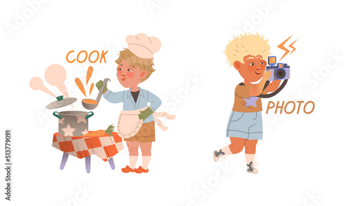 Funny Boy Cooking Soup with Ladle and Taking Photo with Camera Demonstrating Verb Vector Set
