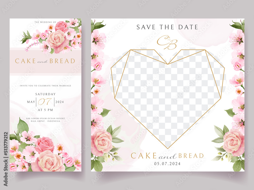 Pink rose and cherry blossom wedding invitation card template