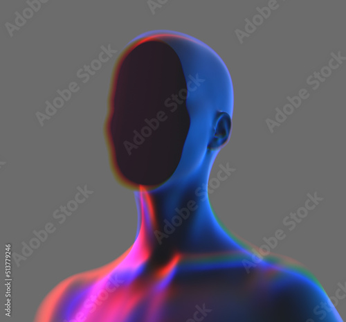 Abstract creative illustration from 3D rendering of female bust figure with flat anonymous face with chromatic aberration distortion isolated on gray background in vaporwave style colors. 