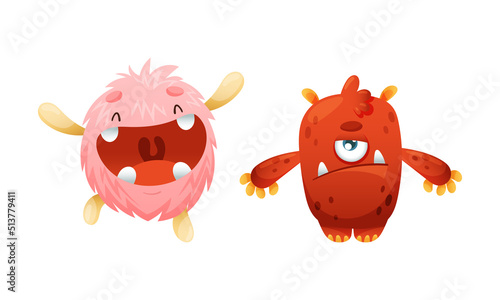 Cute Monster Character as Toothy and Hairy Mutant with Funny Friendly Face and Big Mouth Vector Set