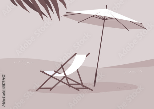 A paradise beach with a deck chair made of wood and a piece of fabric  a parasol  and a coconut palm tree  summertime outdoor lifestyle