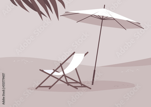 A paradise beach with a deck chair made of wood and a piece of fabric, a parasol, and a coconut palm tree, summertime outdoor lifestyle
