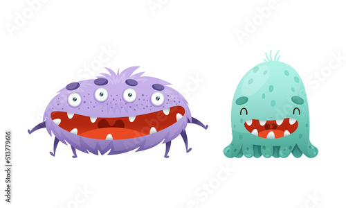 Cute Monster Character as Toothy and Hairy Mutant with Funny Friendly Face and Big Mouth Vector Set