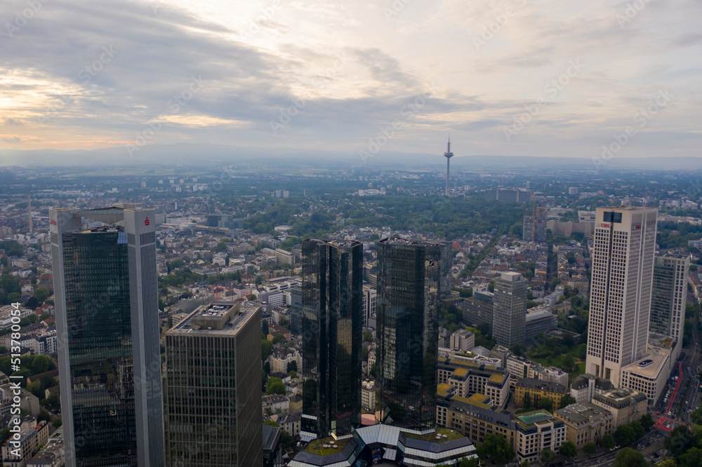 Aerial view of Frankfurt city center with skyscraper of financial institutes, banks and office buildings