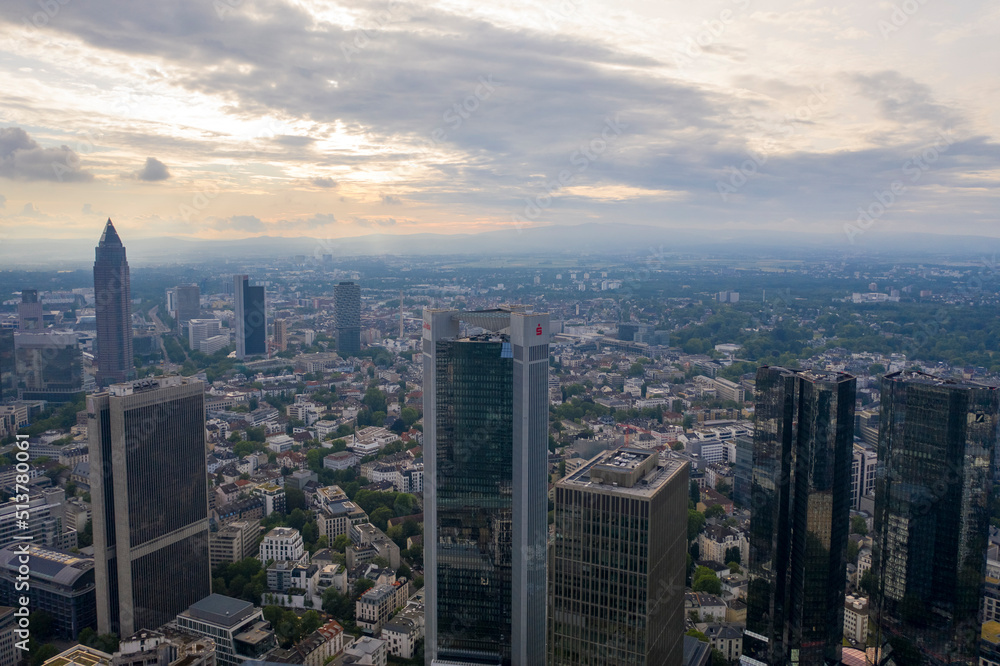 Fototapeta premium Aerial view of Frankfurt city center with skyscraper of financial institutes, banks and office buildings