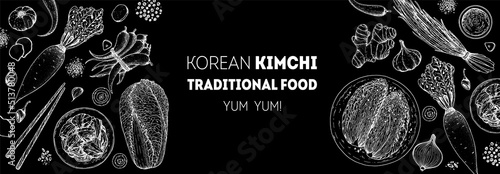 Kimchi cooking and ingredients for kimchi, sketch illustration. Korean cuisine frame. Healthy food, design elements. Hand drawn, package design. Asian food