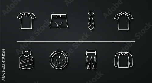 Set line T-shirt, Undershirt, Polo, Leggings, Sewing button for clothes, Men underpants, Sweater and Tie icon. Vector