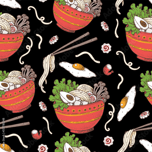 Bowl noodles seamless pattern. Ramen bowl background. Asian food. Chinese, Korean, Japanese cuisine. Design template. Hand drawn vector illustration.
