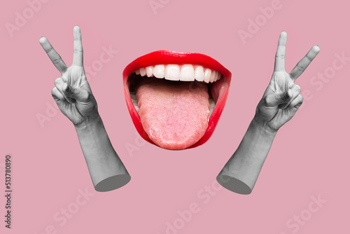 Papier peint Two female hands showing a peace gesture and women wide open mouth showing tongue isolated on a pink color background