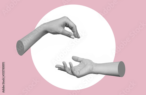 Tablou pe pânză Female hand makes a gesture like handing the hanging object to outstretched hand isolated on a pink and white background