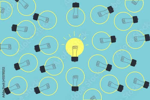 yellow Light Bulb Standing Out From the Crowd. ideas and creativity concept.