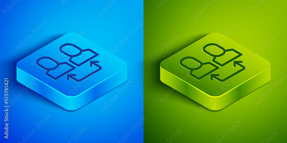 Isometric line Exchange work icon isolated on blue and green background. Information exchange between people. Employee or people Replacement or swap position concept. Square button. Vector Isometric line Exchange work icon isolated on blue and green background. Information exchange between people. Employee or people Replacement or swap position concept. Square button. Vector