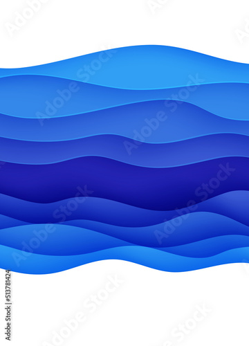 Abstract background with water waves in paper cut style. 3d wallpaper with cut out deep wavy modern cover. Blue color layers with smooth shadow papercut art. Vector illustration, origami shapes