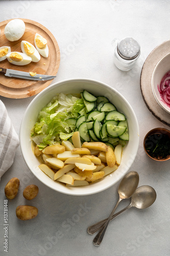 Cooking potato salad with eggs, cucumbers, cabbage and red pickled onions. Delicious healthy summer salad.