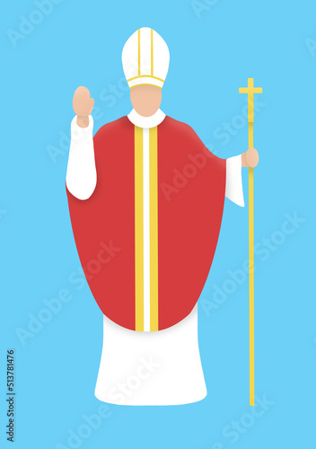 A pope in the red-white robe with golden cross mark and golden staff in his hand.