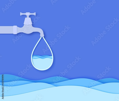 Faucet from which water drop flows in paper cut style. Flowing liquid and waves in blue papercut art. Water pipe with tap valve. Save the Water ecological poster. Environment card template. Vector.