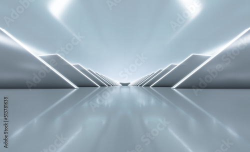 Elegant white futuristic light and reflection triangle wall background. 3D rendering.
