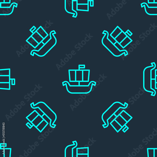 Green line Ancient viking scandinavian drakkar icon isolated seamless pattern on blue background. Viking transport ship. Vector