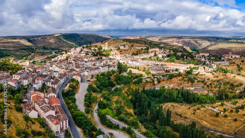Aerial view of the medieval village of Sepulveda in the community of Castilla Leon, Spain.