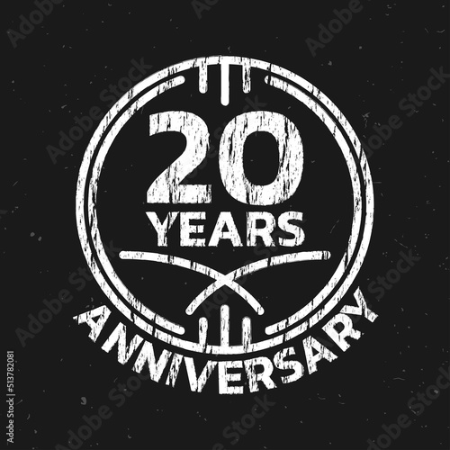 20th Anniversary logo or icon. 20 years round stamp design with grunge, rough texture. Birthday celebrating, jubilee circle badge or label template. Vector illustration.