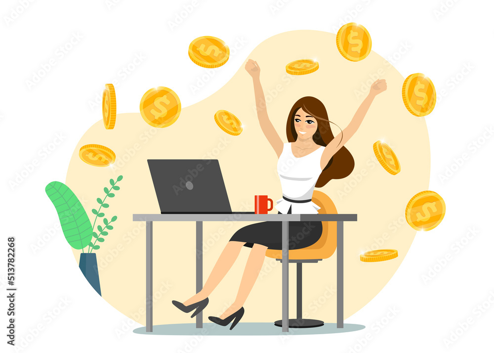 Happy successful businesswoman with laptop get money. Online income commerce business woman. Joyful person makes passive profit or gain. Get investment dividend and earning. Coin from internet. Vector