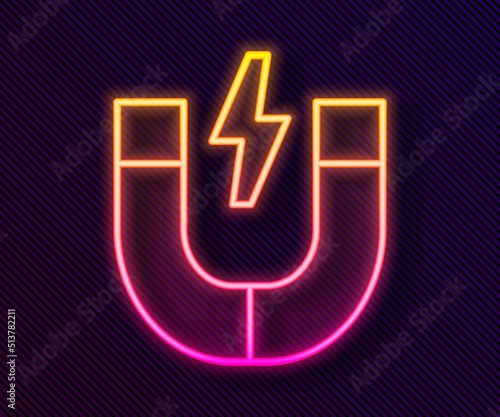 Glowing neon line Magnet icon isolated on black background. Horseshoe magnet, magnetism, magnetize, attraction. Vector
