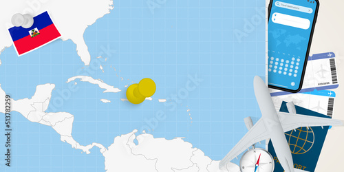 Travel to Haiti concept, map with pin on map of Haiti. Vacation preparation map, flag, passport and tickets.
