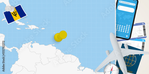 Travel to Barbados concept, map with pin on map of Barbados. Vacation preparation map, flag, passport and tickets.
