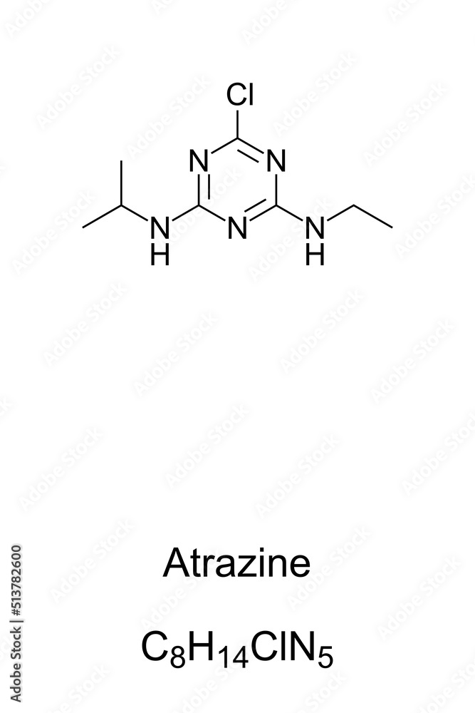 Atrazine, chemical formula and structure. Herbicide used to prevent pre emergence broadleaf weeds in crops, sugarcane and on turf. Second most widely used herbicide in the US, but banned in the EU. Atrazine, chemical formula and structure. Herbicide used to prevent pre emergence broadleaf weeds in crops, sugarcane and on turf. Second most widely used herbicide in the US, but banned in the EU.