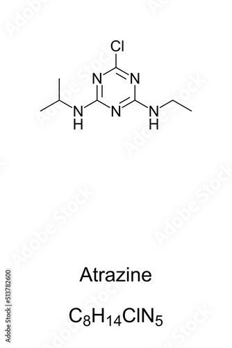 Atrazine, chemical formula and structure. Herbicide used to prevent pre emergence broadleaf weeds in crops, sugarcane and on turf. Second most widely used herbicide in the US, but banned in the EU.