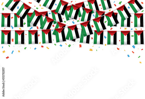 Palestine flags garland white background with confetti, Hang bunting for Palestinian Independence Day celebration template banner, Vector illustration