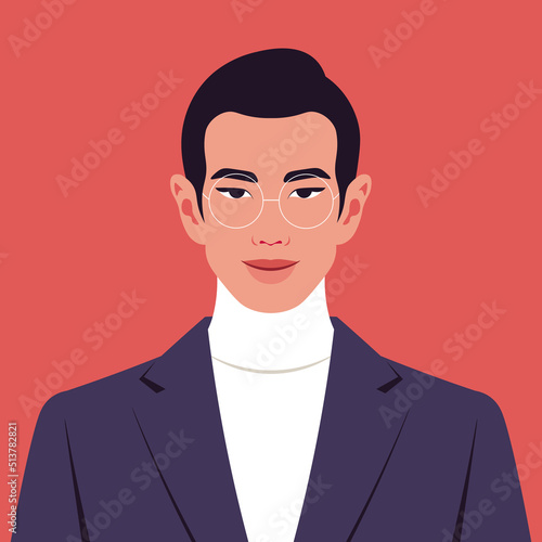 Portrait of a young Asian man. Avatar of a successful businessman with eyeglasses. Politician. Vector flat illustration