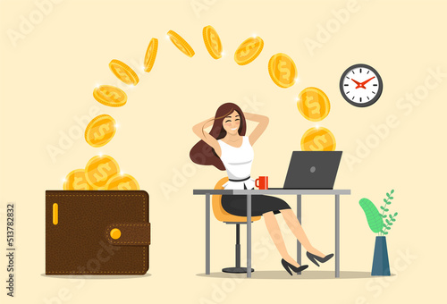 Happy successful businesswoman with laptop get money in wallet. Business woman receive good financial online income. Joyful female makes passive profit or gain. Get investment dividend and earning EPS