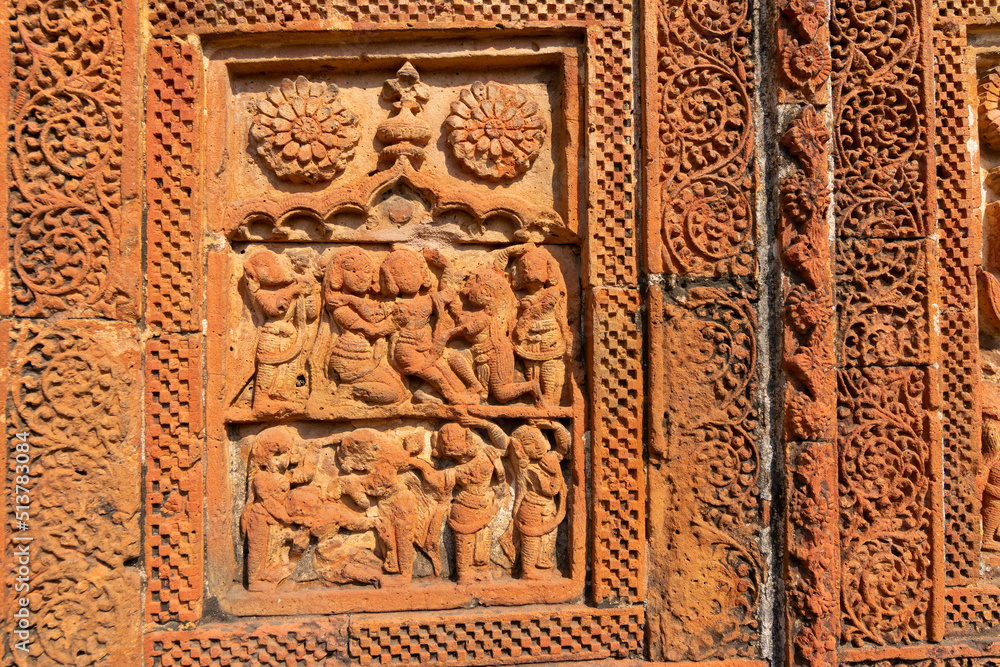 Famous terracotta (fired clay of a brownish-red colour, used as ornamental building material) relief artworks at Madanmohan Temple, Bishnupur, West Bengal, India. UNESCO heritage site of India.