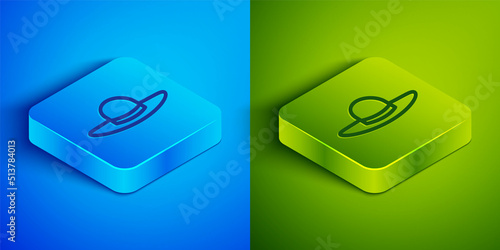 Isometric line Elegant women hat icon isolated on blue and green background. Square button. Vector