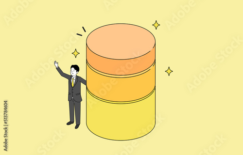 3つ積まれた円柱と喜ぶ人物のイラスト、3階建てのイメージイラスト、ベクター