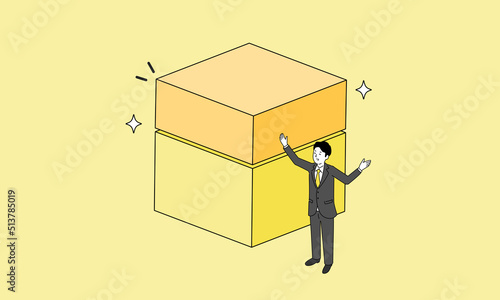 二つ積まれた長方形と喜ぶ人物のイラスト、二階建てのイメージイラスト、ベクター