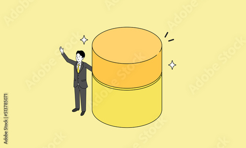二つ積まれた円柱と喜ぶ人物のイラスト、二階建てのイメージイラスト、ベクター