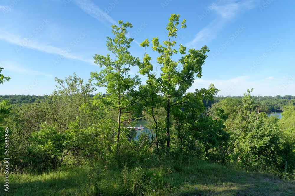 Fototapeta premium Hills and Seine river near Seine-port village in Ile-de France region
