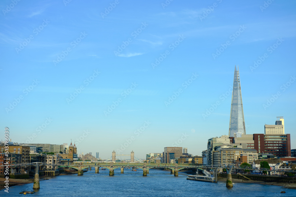 London, UK - 14 May 2022. City skyline and river Thames viewed from Blackfriars Station. An afternoon shot with clear blue sky.