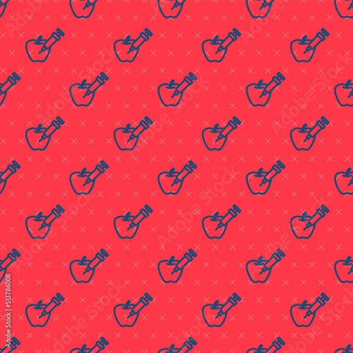 Blue line Genetically modified apple icon isolated seamless pattern on red background. GMO fruit. Syringe being injected to apple. Vector