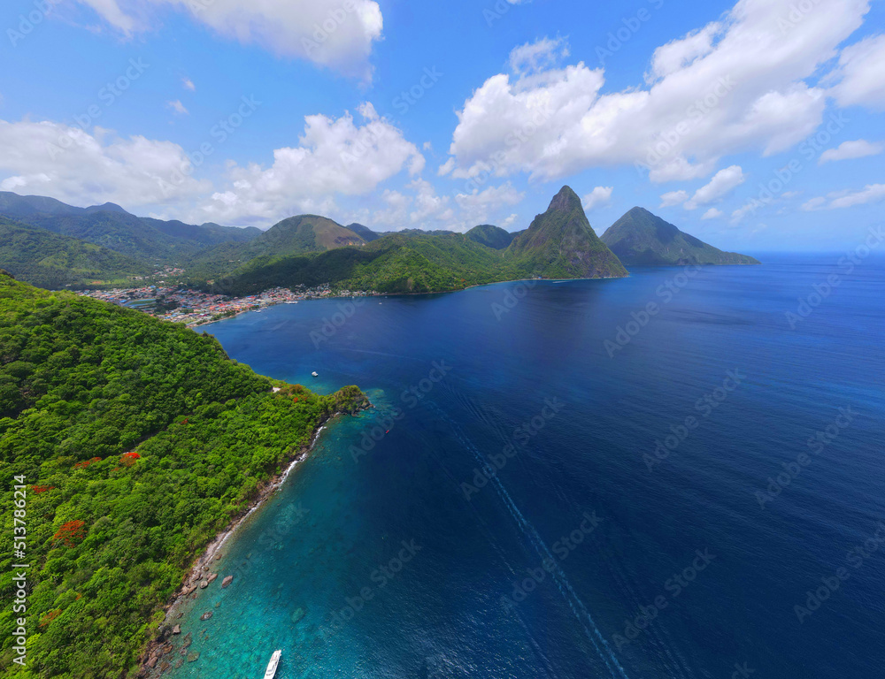 A panorama view towards Soufriere Bay, St Lucia with the Pitons in the distance.
